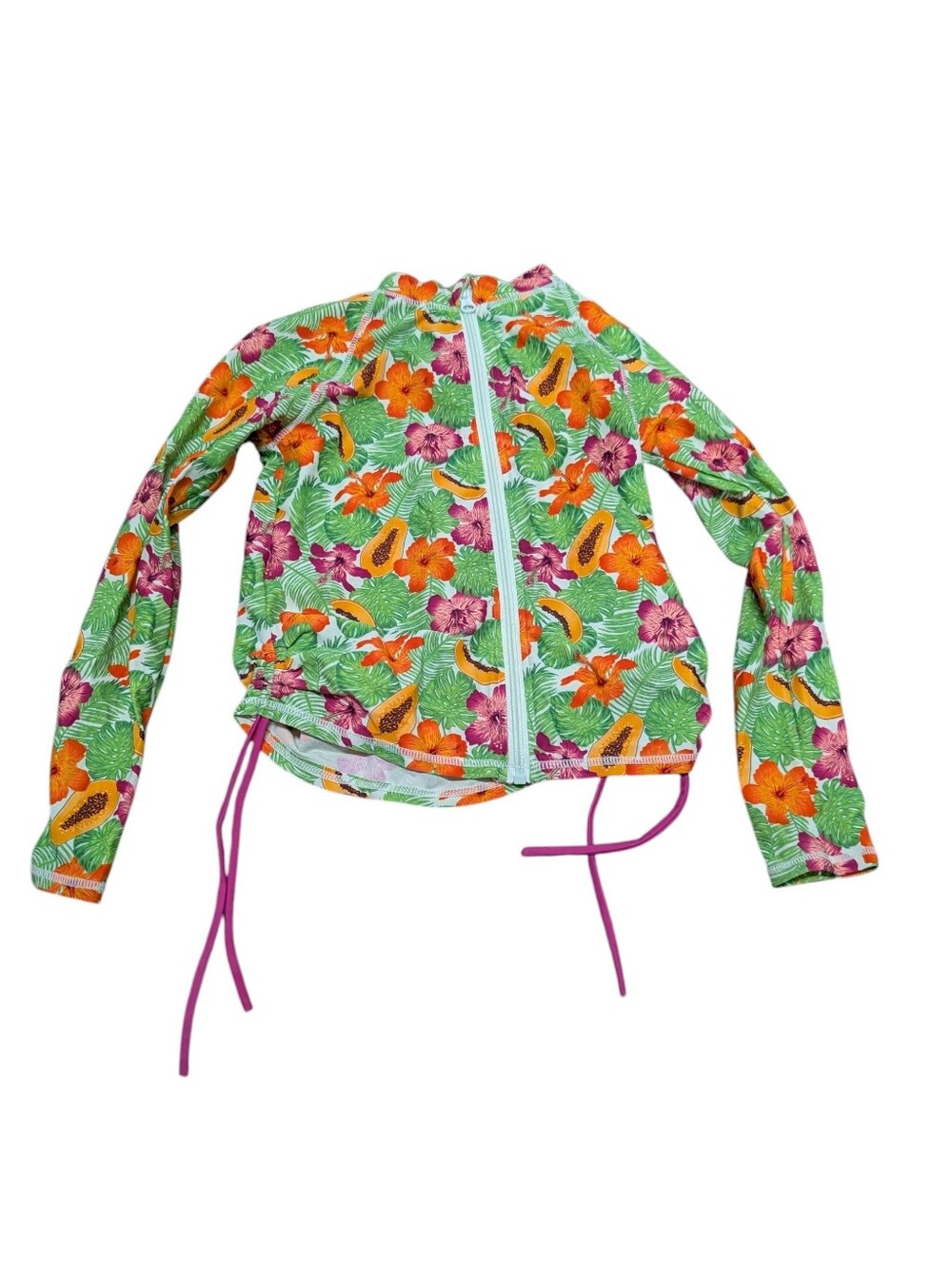 SwimZip Girls Swim Shirt Long Sleeve Zip Rash Guard Tropical Hibiscus (Size 6-8)